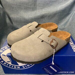 Birkenstock Boston taupe suede mule clogs